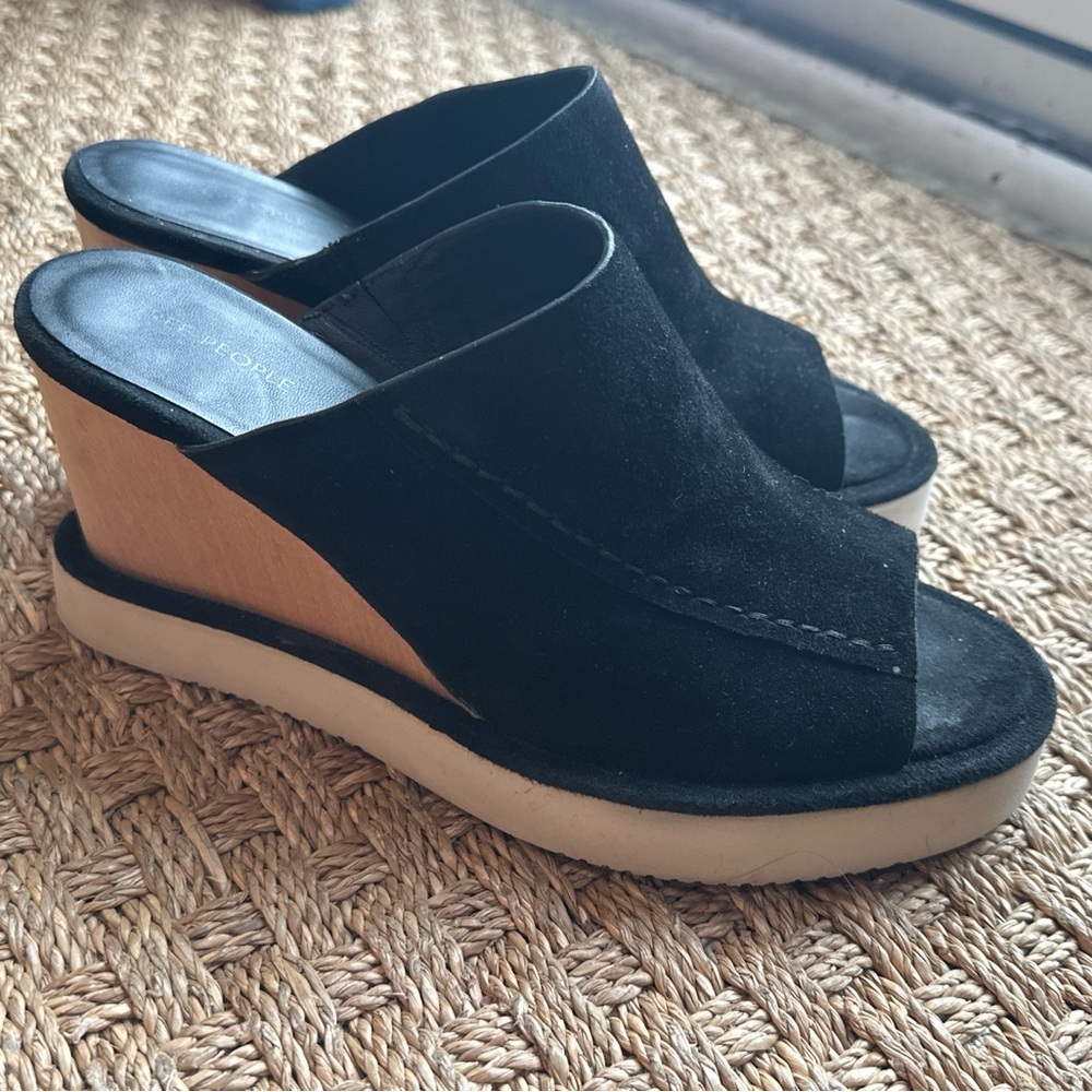 Free People Black Suede Wedge Slide Sandals | Women’s 8.5